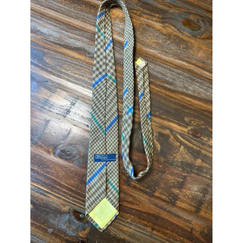 Polo Ralph Lauren Brown Plaid Linen Silk Striped Tie RN 41381 Mens Classic Width